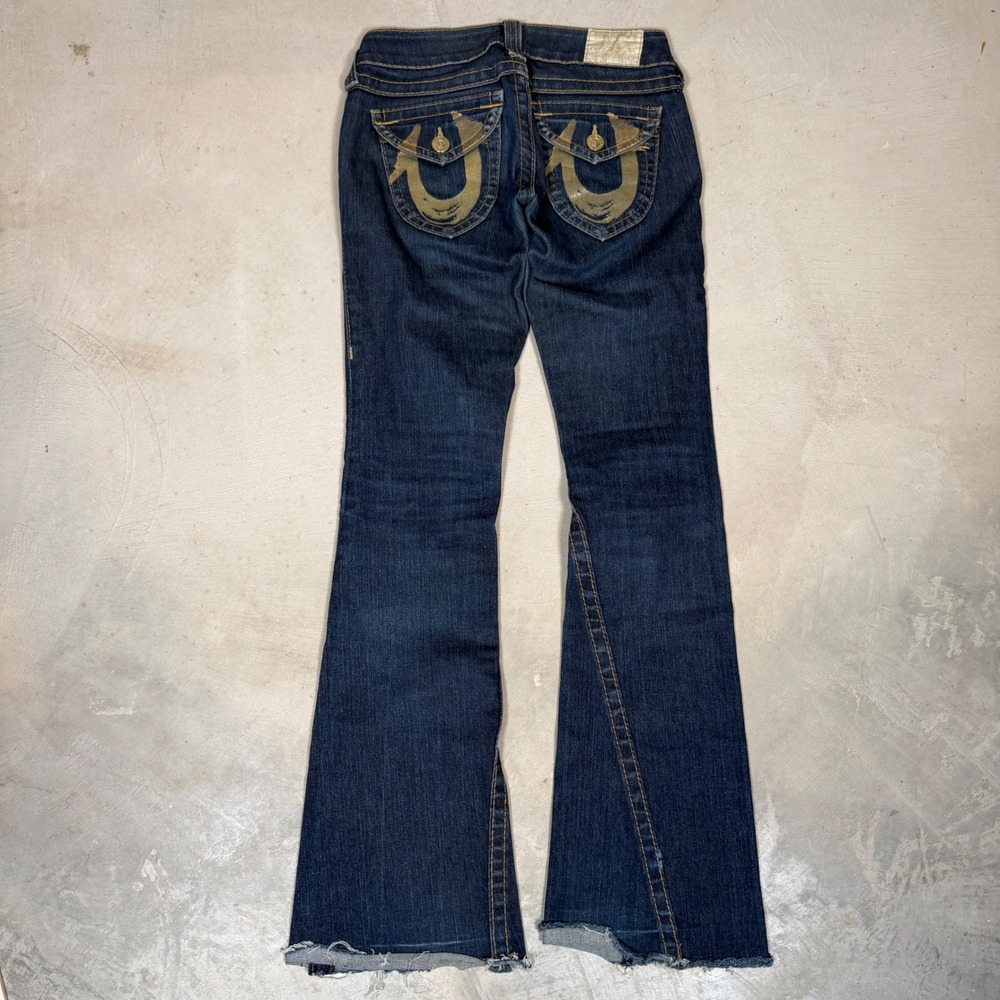 True Religion Joey Flare Jeans Dark Wash Gold Foil Horseshoe Logo Size 25 USA